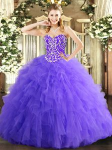 Lavender Sleeveless Floor Length Beading and Ruffles Lace Up Sweet 16 Quinceanera Dress