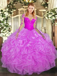 Top Selling Lilac Long Sleeves Floor Length Lace and Ruffles Lace Up Sweet 16 Dresses