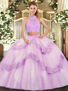Customized Floor Length Criss Cross 15th Birthday Dress Lilac for Military Ball and Sweet 16 and Quinceanera with Beading and Appliques and Ruffles