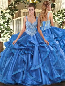 Blue Ball Gowns Straps Sleeveless Organza Floor Length Lace Up Beading and Ruffles 15 Quinceanera Dress
