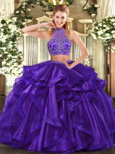 New Arrival Floor Length Purple Vestidos de Quinceanera Halter Top Sleeveless Criss Cross
