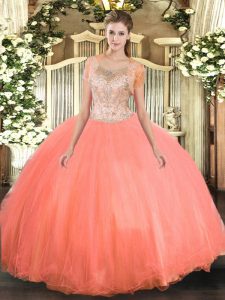 Noble Watermelon Red Tulle Clasp Handle Quinceanera Dresses Sleeveless Floor Length Beading