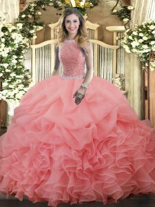 Watermelon Red High-neck Lace Up Beading and Ruffles and Pick Ups Quinceanera Dress Sleeveless