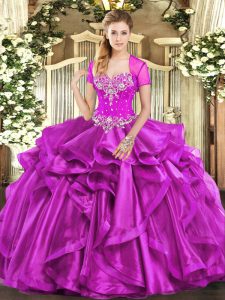 On Sale Fuchsia Sleeveless Organza Lace Up Quinceanera Dress for Military Ball and Sweet 16 and Quinceanera