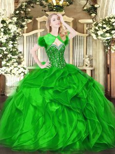 Affordable Green Ball Gowns Organza Sweetheart Sleeveless Beading and Ruffles Floor Length Lace Up Quinceanera Dresses