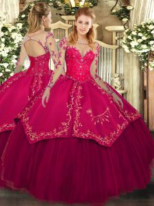 Adorable Wine Red Ball Gowns Scoop Long Sleeves Organza and Taffeta Floor Length Lace Up Lace and Embroidery Quinceanera Gowns