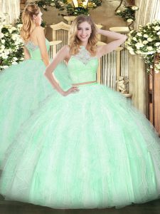 Comfortable Apple Green Zipper Quinceanera Dress Lace and Ruffles Sleeveless Floor Length