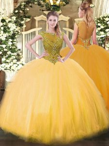Gold Sleeveless Beading Floor Length Quinceanera Gowns