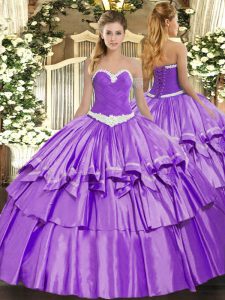 Fitting Appliques and Ruffled Layers Vestidos de Quinceanera Lavender Lace Up Sleeveless Floor Length