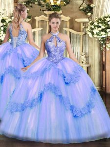 Inexpensive Blue Sleeveless Appliques and Sequins Floor Length Vestidos de Quinceanera