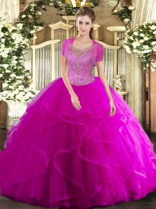 Exceptional Sleeveless Tulle Floor Length Clasp Handle Quinceanera Gown in Fuchsia with Beading and Ruffled Layers