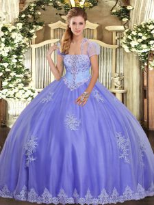 Lavender Lace Up Strapless Appliques Quinceanera Dress Tulle Sleeveless