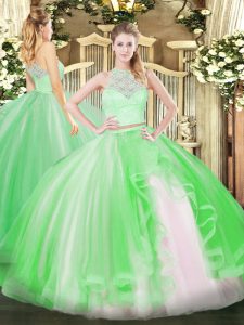 Fitting Sleeveless Tulle Floor Length Zipper Sweet 16 Quinceanera Dress in Green with Lace and Ruffles