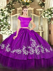 Floor Length Zipper 15 Quinceanera Dress Purple for Military Ball and Sweet 16 and Quinceanera with Embroidery