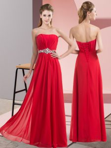 Red Chiffon Lace Up Strapless Sleeveless Floor Length Prom Party Dress Beading