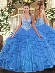 Baby Blue Ball Gowns Beading and Ruffles Sweet 16 Dress Lace Up Tulle Sleeveless Floor Length