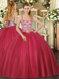 Extravagant Coral Red Ball Gowns Beading and Appliques Sweet 16 Dresses Lace Up Tulle Sleeveless Floor Length