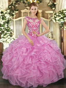 Ball Gowns Quinceanera Gown Lilac Scoop Organza Cap Sleeves Floor Length Lace Up