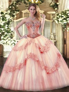 Traditional Baby Pink Lace Up Ball Gown Prom Dress Beading and Appliques Sleeveless