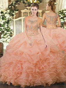 Glorious Peach Ball Gowns Beading and Ruffled Layers Quinceanera Dress Clasp Handle Tulle Sleeveless Floor Length