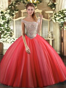 Coral Red Sleeveless Tulle Lace Up Ball Gown Prom Dress for Sweet 16 and Quinceanera