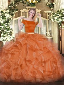 Affordable Two Pieces Quince Ball Gowns Orange Red Off The Shoulder Organza Short Sleeves Floor Length Zipper
