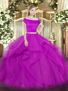 Fuchsia Two Pieces Off The Shoulder Short Sleeves Tulle Floor Length Zipper Appliques and Ruffles Quinceanera Dress