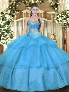 Tulle Sweetheart Sleeveless Lace Up Beading and Ruffled Layers Vestidos de Quinceanera in Aqua Blue