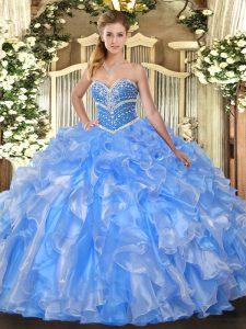 Eye-catching Baby Blue Organza Lace Up Sweetheart Sleeveless Floor Length Quince Ball Gowns Beading and Ruffles