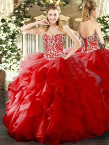 Red Sleeveless Organza Lace Up Sweet 16 Dresses for Military Ball and Sweet 16 and Quinceanera