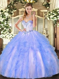 Chic Blue And White Ball Gowns Beading and Ruffles Quinceanera Gown Lace Up Tulle Sleeveless Floor Length