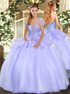 Ball Gowns Quince Ball Gowns Lavender Strapless Organza Sleeveless Floor Length Lace Up