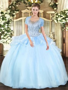 Custom Made Floor Length Clasp Handle Vestidos de Quinceanera Aqua Blue for Military Ball and Sweet 16 and Quinceanera with Beading