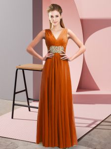 Rust Red Side Zipper V-neck Beading and Ruching Prom Gown Chiffon Sleeveless
