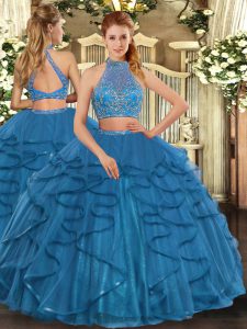 Extravagant Halter Top Sleeveless Criss Cross Quinceanera Dresses Teal Tulle