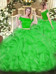 Trendy Off The Shoulder Short Sleeves Quinceanera Dresses Floor Length Appliques and Ruffles Green Organza