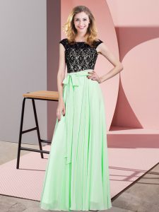 Fancy Apple Green Lace Up Prom Gown Lace and Belt Sleeveless Floor Length
