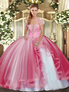 Artistic Pink Lace Up Vestidos de Quinceanera Beading and Ruffles Sleeveless Floor Length