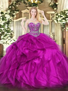 Custom Design Floor Length Lace Up 15 Quinceanera Dress Fuchsia for Military Ball and Sweet 16 and Quinceanera with Beading and Ruffles
