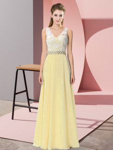 Floor Length Light Yellow Prom Evening Gown V-neck Sleeveless Backless