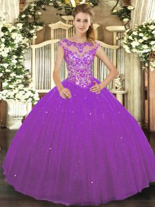 Eggplant Purple Sleeveless Floor Length Beading and Appliques Lace Up Sweet 16 Quinceanera Dress