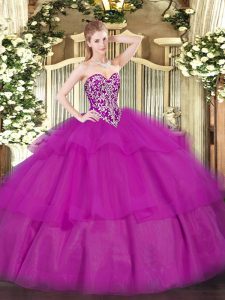 Admirable Floor Length Fuchsia Sweet 16 Quinceanera Dress Tulle Sleeveless Beading and Ruffled Layers