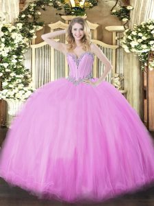 Stunning Sweetheart Sleeveless Sweet 16 Dresses Floor Length Beading Lilac Tulle