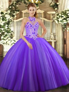 Floor Length Purple Quinceanera Gown Tulle Sleeveless Embroidery