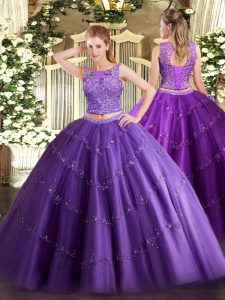 Purple Two Pieces Tulle Scoop Sleeveless Beading and Appliques Floor Length Lace Up Ball Gown Prom Dress