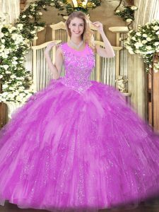 Custom Fit Floor Length Lilac 15th Birthday Dress Tulle Sleeveless Beading and Ruffles