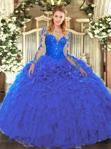 Organza Scoop Long Sleeves Lace Up Lace and Ruffles Sweet 16 Dresses in Blue