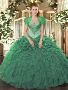 Shining Green Sweetheart Lace Up Beading and Ruffles Quince Ball Gowns Sleeveless