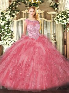 Zipper 15th Birthday Dress Rose Pink for Sweet 16 and Quinceanera with Beading and Ruffles