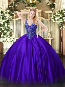 Discount V-neck Sleeveless Satin Quince Ball Gowns Beading Lace Up